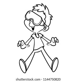 Boy playing game with Virtual Reality Headset tools Coloring Book Cartoon Vector