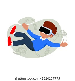 niño jugando juego con gafas VR ilustración plana simple