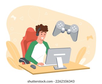 Boy playing games. Young guy in headphones sits at computer monitor with joystick and controller. Entertainment and video game. Gamer at home