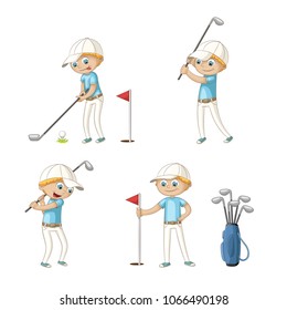Garoto jogando golfe. Engraçado personagem de desenho animado. Isolado no fundo branco.