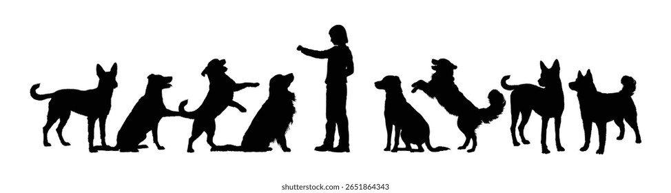 Menino brincando com o grupo de cães silhuetas vetoriais ao ar livre.	