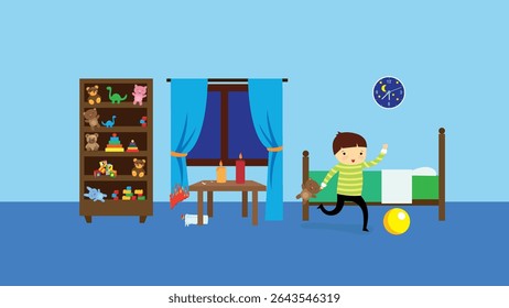 Boy playing guitar in bedroom, vector illustration. Flat design style.