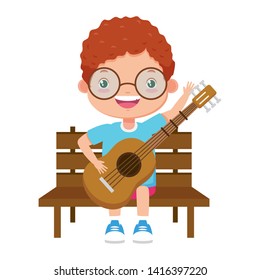 boy playing guitar in bench vector illustration