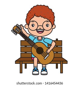 boy playing guitar in bench vector illustration  