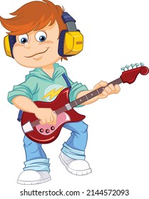 Niño tocando guitarra.
Ilustración del vector de color de un niño de dibujos animados sosteniendo y tocando la guitarra.