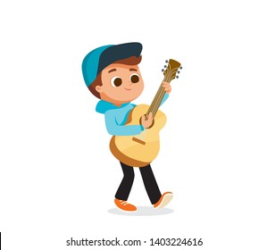 Boy playing guitar flat vector illustration