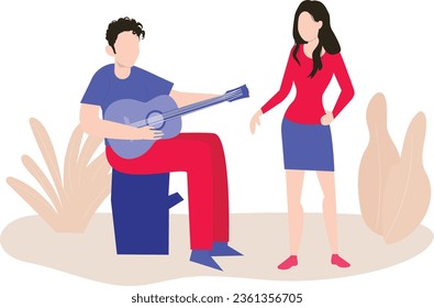The boy is playing the guitar for the girl.