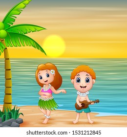 Boy playing guitar and hawaiian girl hula dancing at sunset