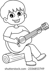 Boy Playing Guitar Isolated Coloring Page for Kids