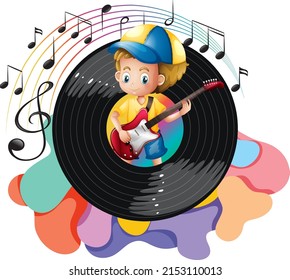 A boy playing guitar and music melody symbols illustration