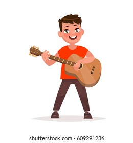 Boy is playing the guitar. Musical performance. Vector illustration in cartoon style