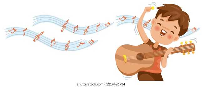 Boy playing guitar. Note on the white background. Billboard or branner design. Gaps fill your data to fill. Concept illustrations for web pages, schools, special classes for children. Vectors