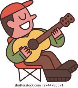 A boy is playing guitar on a camping chair