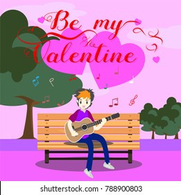 Boy playing guitar on a chair for Valentine's day. background design for valentine's festival .Vector illustration.Cartoon style.