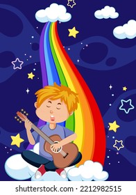 A boy playing guitar on rainbow in the sky illustration
