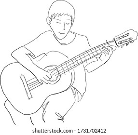 A boy playing the guitar on white background.