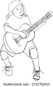 A boy playing the guitar on white background.
