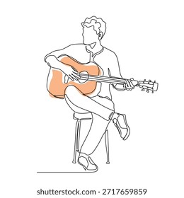Chico tocando la guitarra una línea de dibujo. Chico tocando la guitarra de una sola línea de ilustración. Chico tocando la guitarra minimalista arte de línea. Chico tocando el Arte vectorial de la guitarra