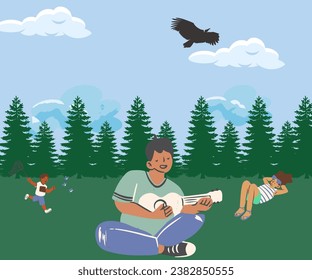Boy playing guitar in park,girl takes exercise in park, little boy catching the birds ,sky, clouds,park,trees, people in park, vector illustration 