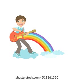 Boy Playing Guitar With Rainbow And Clouds Decoration