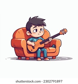 A boy playing a guitar sits on an orange couch. vector illustration.