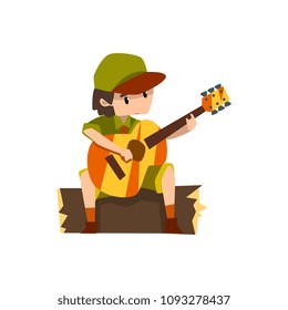 Boy playing guitar sitting on the log, boy scout character in uniform vector Illustration on a white background