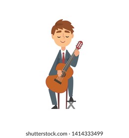 Boy Playing Guitar, Talented Young Guitarist Character Playing Acoustic Musical Instrument, Concert of Classical Music Vector Illustration