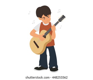 Boy playing guitar. Vector illustration. child learning to play guitar.