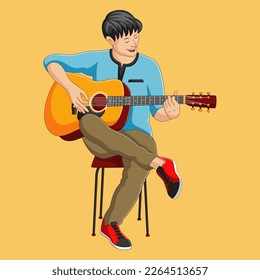 Junge spielt beim Sitzen Gitarre. Vektorgrafik