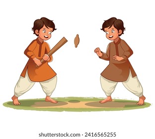 Boy Playing gulli danda Pakistan Traditional Rural games.