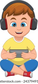 boy playing with hand phone and wearing headphones