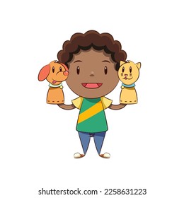 Boy playing hand puppets, vector illustration
