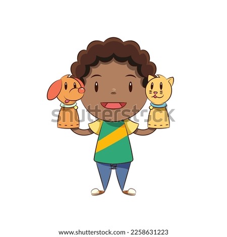 Boy playing hand puppets, vector illustration
