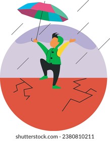 
A boy playing happily in the rain after a long drought.
A young boy with an umbrella in a jumpsuit.