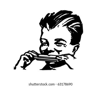 Boy Playing Harmonica - Retro Clipart Illustration