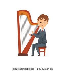 Boy Playing Harp, Talented Young Harpist Character Playing Acoustic String Musical Instrument, Concert of Classical Music Vector Illustration