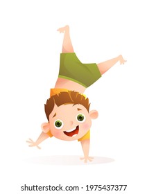 Boy playing and having fun, doing handstand for sport activities or dancing. Little toddler boy character alone isolated on white. Vector cartoon for kids.