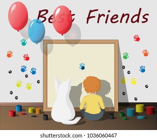 Boy playing with his best friend pet Vector. Childhood backgrounds