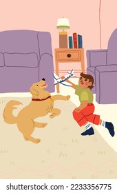 The boy playing with his dog in the living room. Happy family time. Golden retriever and the child.