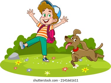 Boy playing with his dog in the park. Summer background vector illustration. I'm playing outside.