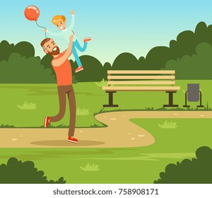 Boy playing with his father in summer park outside, dad and son having fun together, family leisure vector illustration