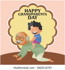 Boy is playing with his grandfather. Happy grandparents day banner design. Individually on colorful background.