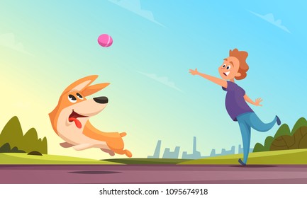 Boy playing with his pet in urban park. Dog catching little ball. Man outdoor happy activity puppy. Vector illustration