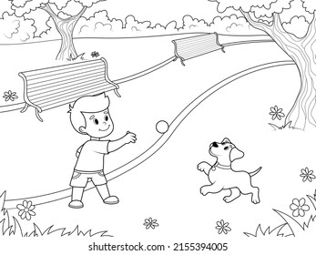 Boy playing with his pet in urban park. Dog catching little ball. Man outdoor happy activity puppy. Page for printable children coloring book.