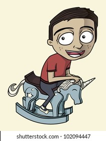A Boy Playing With His Rocking Horse