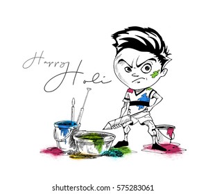  A boy playing Holi, Hand Drawn Sketch Vector Background. 