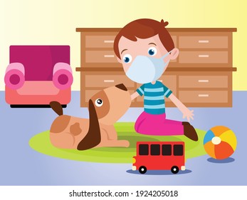 Boy playing at home during pandemic cartoon vector concept for banner, website, illustration, landing page, flyer, etc.