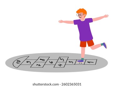 Boy playing hopscotch in a sunny playground with colorful markings and cheerful expression