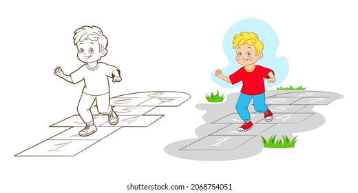 The boy playing Hopskotch, jumps on one leg while . Coloring book. Vector illustration in cartoon style, black and white line art