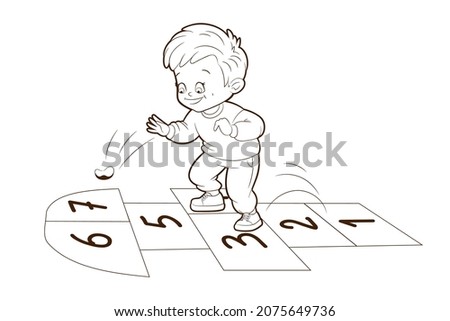 The boy playing Hopskotch, jumps on one leg while . Coloring book. Vector illustration in cartoon style, black and white line art Imagine de stoc © 
